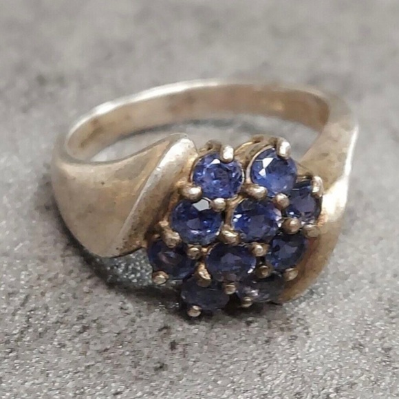 Sterling Silver Blue Sapphire Cluster Ring Size 7.75 - Picture 1 of 5